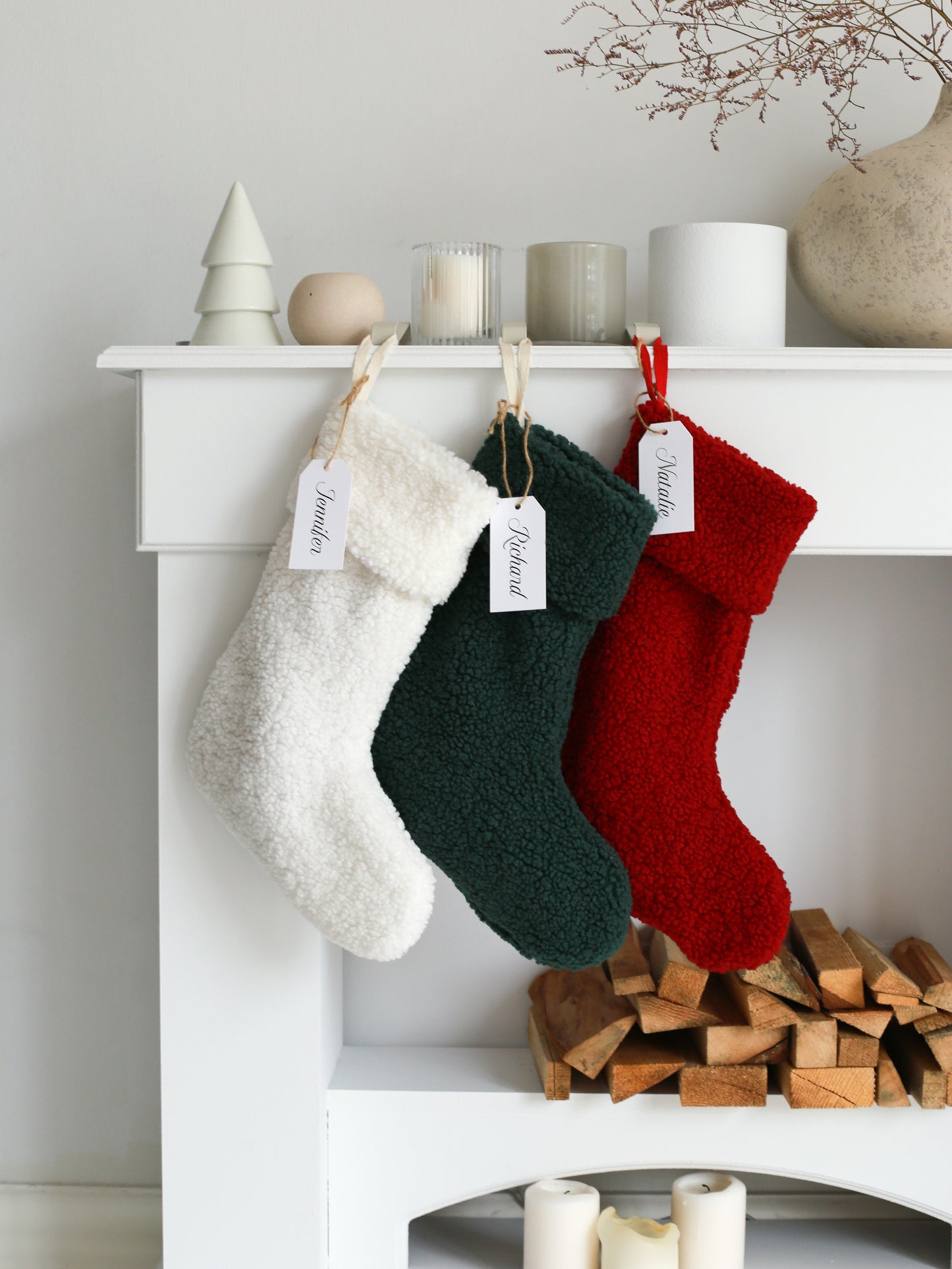 Personalized Christmas Stocking with Name Tag - White