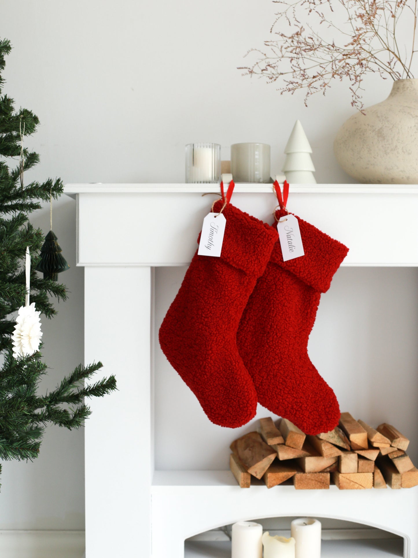 Personalized Christmas Stocking with Name Tag - White