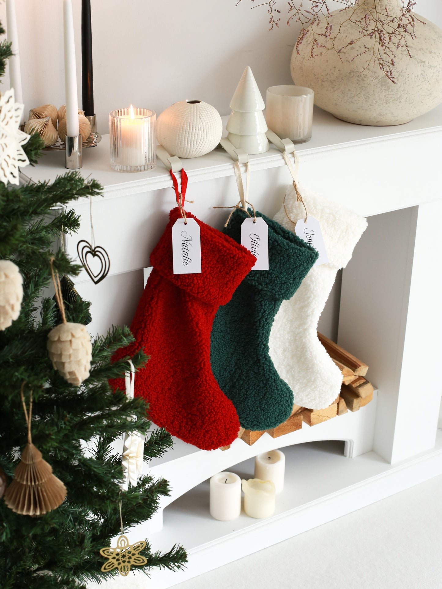 Personalized Christmas Stocking with Name Tag - White