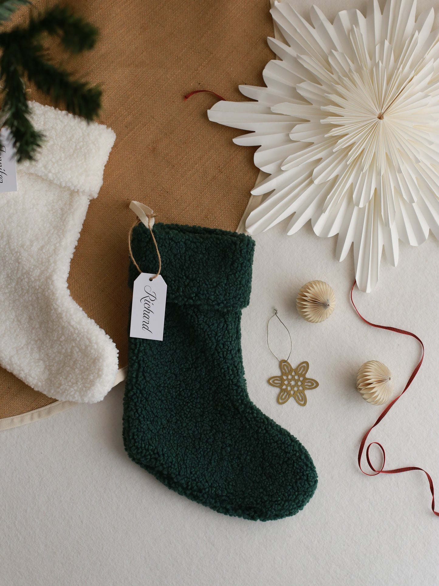 Personalized Christmas Stocking with Name Tag - White