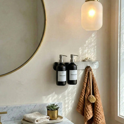 Floating Soap Dispenser Holder with Towel Hook - Brushed Steel