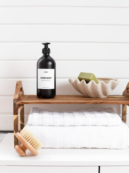 Set of Glass Soap Dispensers with Natural Wooden Tray