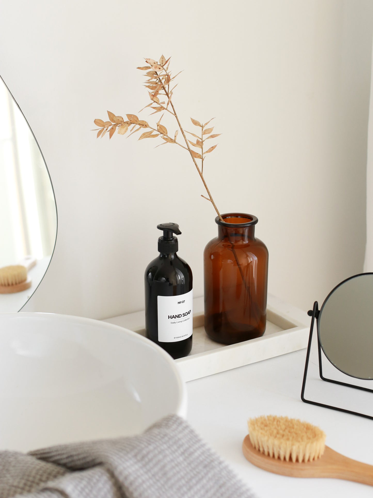 Set of Glass Soap Dispensers with Natural Wooden Tray